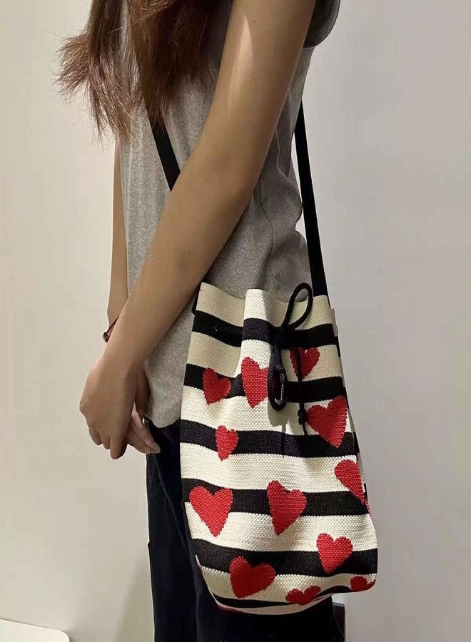 Winatehr crochet heart drawstring knit bucket bag, small cute crossbody for women trendy, casual stripe everyday shoulder korean bags - Image 2